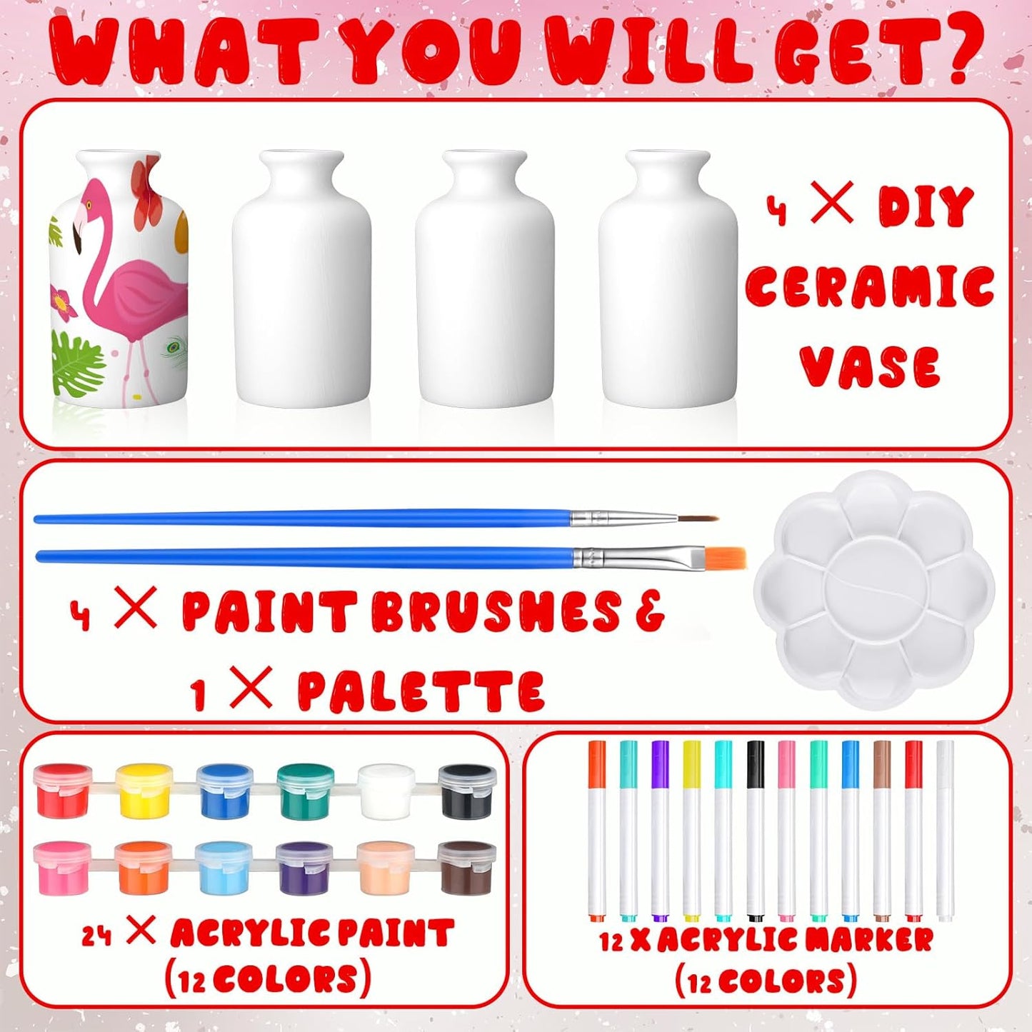 4 Set Paint Your Own Porcelain Paint Vase Art Project White Ceramic Painting Kit for Adults Porcelain Vase Decorating Kit with Art Supplies DIY(Classic)