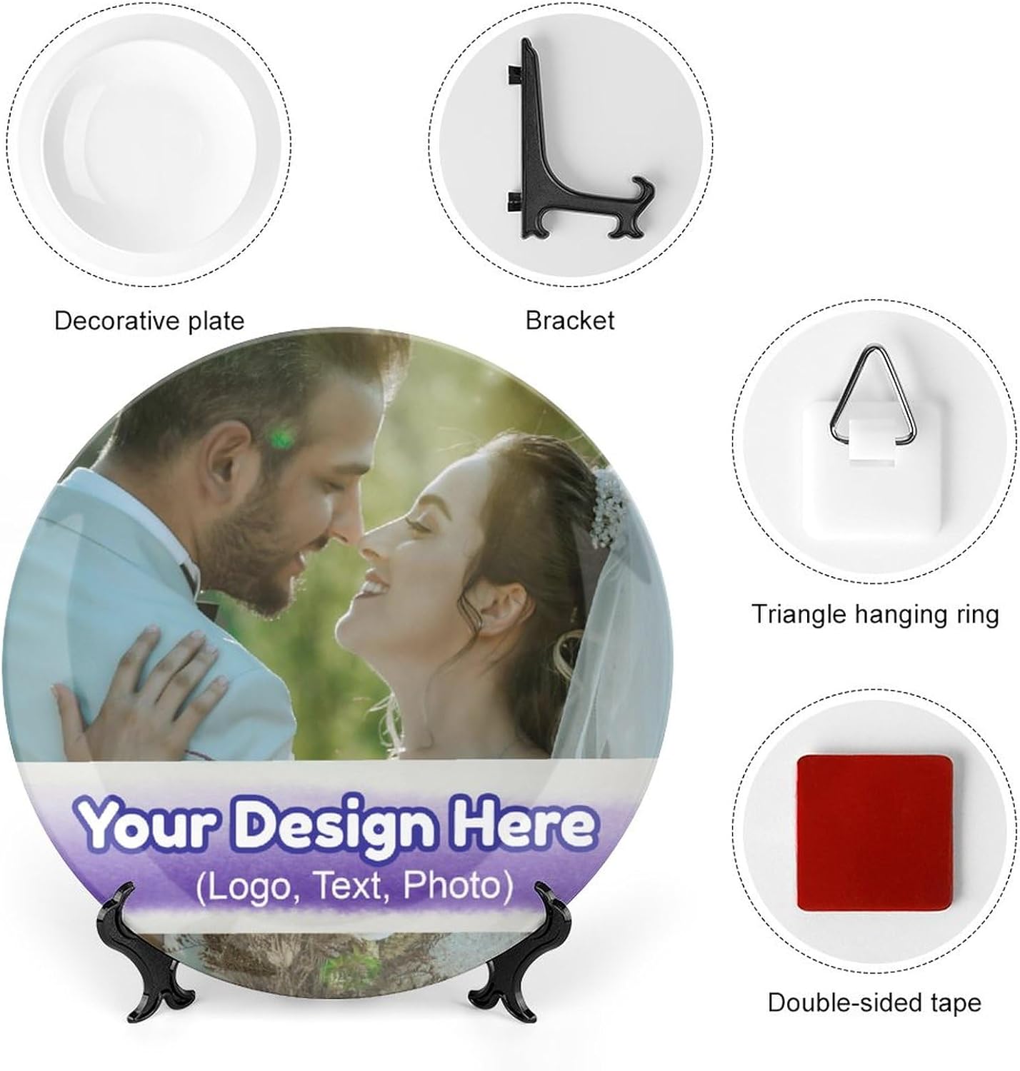 Generic Ceramic Round Decorative Plate, 6 Inch, Multicolor, Wall Display Dish with Stand, Customizable with Uploaded Image and Text